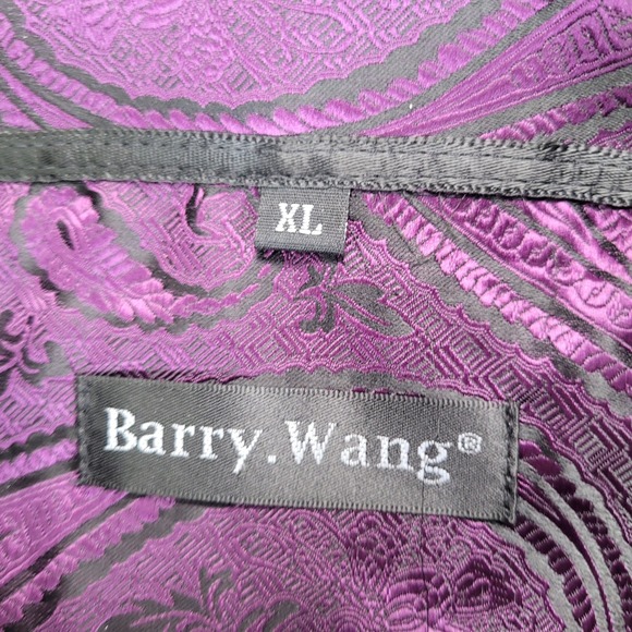 Barry Wang Mens XL Paisley Print Long Sleeve Dress Shirt Purple Black Button Up - Picture 2 of 6